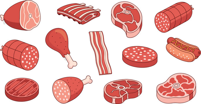 Raw meat and deli products icons set with steak, ribs, bacon, sausage and chicken cuts in detailed flat vector illustration
