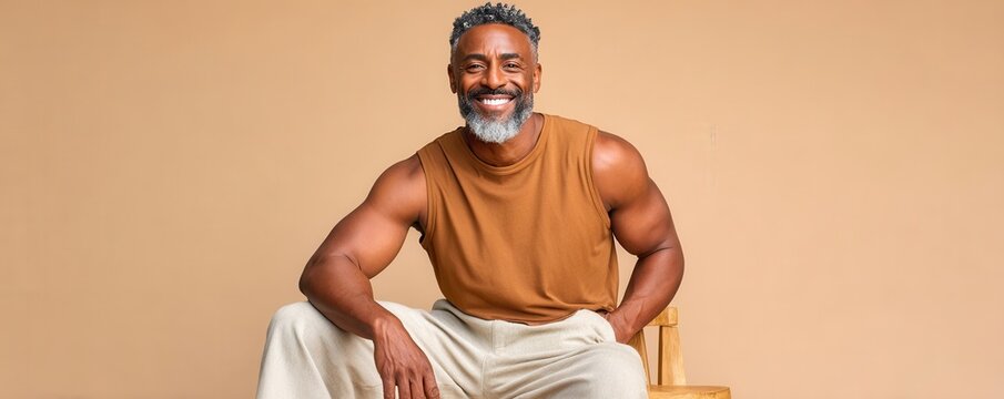 Smiling fit middle-aged man with beard and confidence in casual studio portrait sitting pose