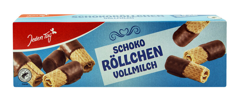 Jeden Tag Schoko R&ouml;llchen Waffeln mit Schokolade freigestellt Hintergrund transparent