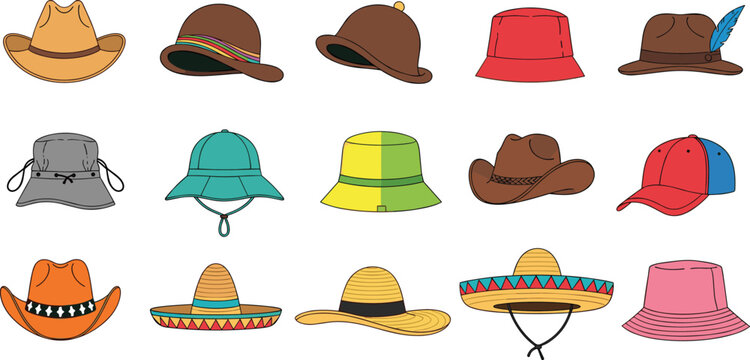 Cartoon hat collection featuring cowboy, bucket, sombrero and casual caps, colorful headwear set in playful flat vector illustration style