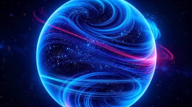 Sphere with pink blue spiral light lines on deep black starry background