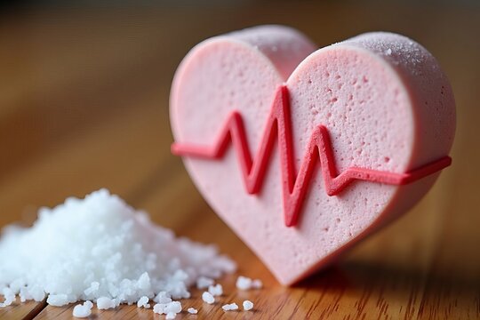 Reduced Sodium Heart-Shaped Block with Heartbeat Design: A Close-Up Shot on Wooden Surface Emphasizing the Importance of Salt Intake for Heart Health