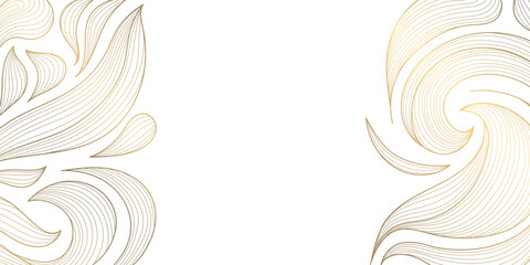 Naklejka premium Luxury gold botanical pattern with elegant line leaves and floral elements background. Vector illustration tropical foliage, garden motif, modern deco style, wallpaper, wedding card