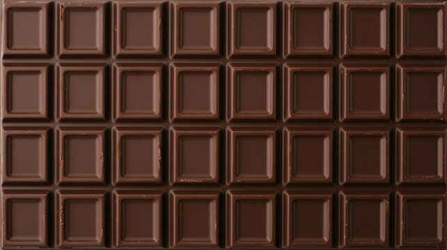 Overhead view of a dark chocolate bar broken into squares showing a rich cocoa texture for a dessert background