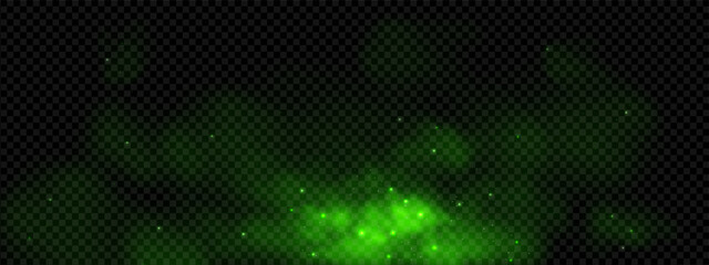 Fototapeta premium Magic green cloud of gas and light particle powder. Halloween poison or toxic effect. Niht neon energy texture for portal with wizard hazy sparkle. Fairy miracle or galaxy shine smoky graphic