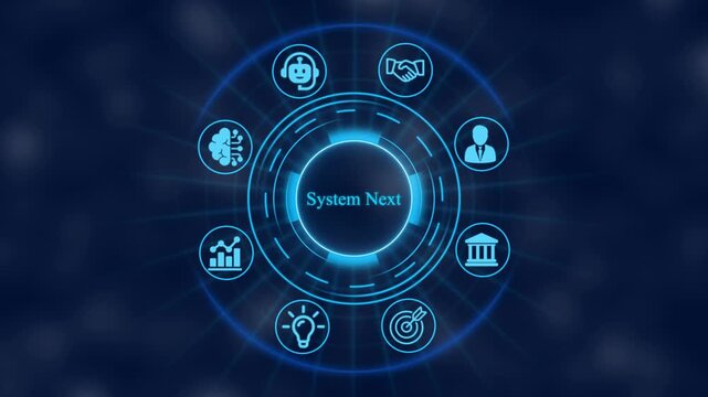 Digital business ecosystem interface with rotating artificial intelligence and corporate strategy hud animation