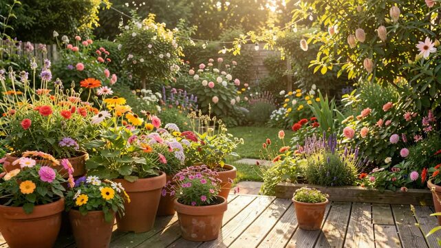 A vibrant garden scene with an assortment of flowers in potted plants on a wooden deck. Sunlight filters through the foliage, highlighting the colors and textures of the blooms.