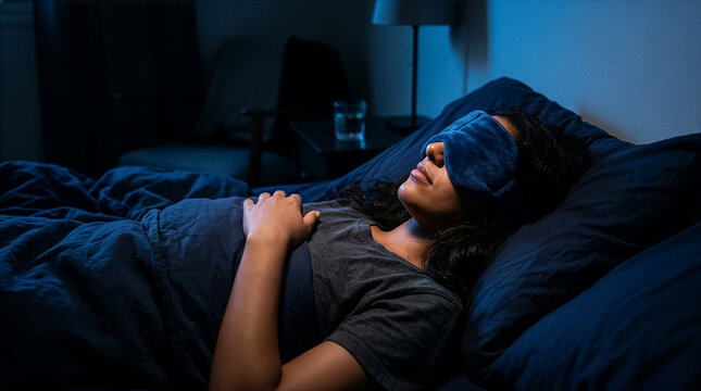 Peaceful Rest of Woman Sleeping in Dimly Lit Bedroom Setting