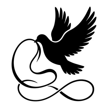 Black silhouette dove flying with infinity symbol isolated on transparent background, Vector