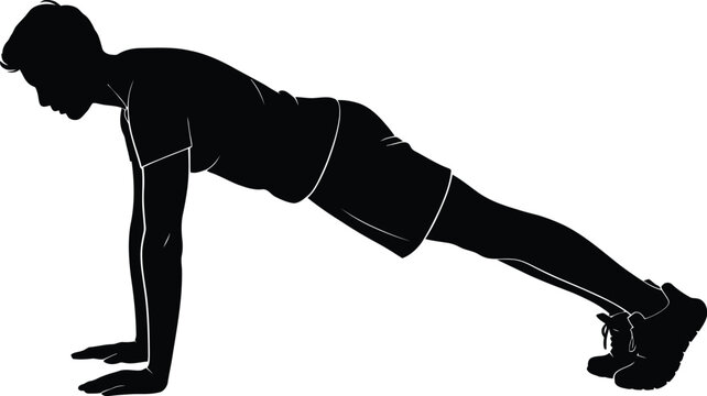 Man in push up position, fitness workout, strength training, active lifestyle.