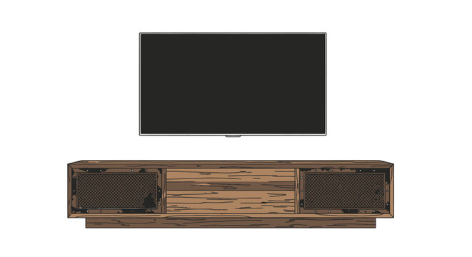 Industrial wooden TV stand and flat screen television illustration