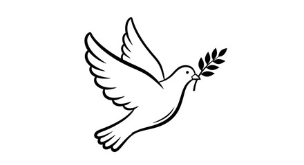 Obraz premium Minimalist line art illustration of a peace dove carrying an olive branch on a white background.