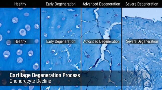 Microscopic visualization of the progressive deterioration of joint cartilage, illustrating the complete degeneration process from a healthy state to severe cellular decline and structural damage