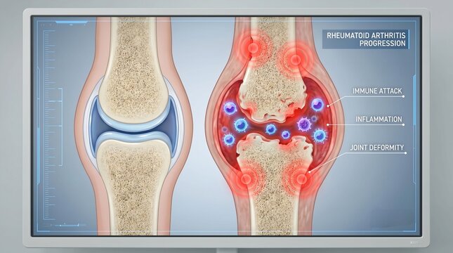 A detailed medical illustration displayed on a screen, contrasting a healthy knee joint with the progressive stages of rheumatoid arthritis, highlighting inflammation, bone erosion and joint deformity