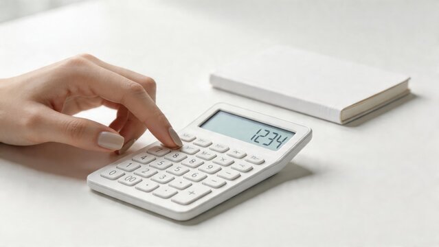 Hand using calculator on white desk