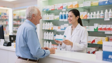 Obraz premium Pharmacist assisting senior customer in pharmacy