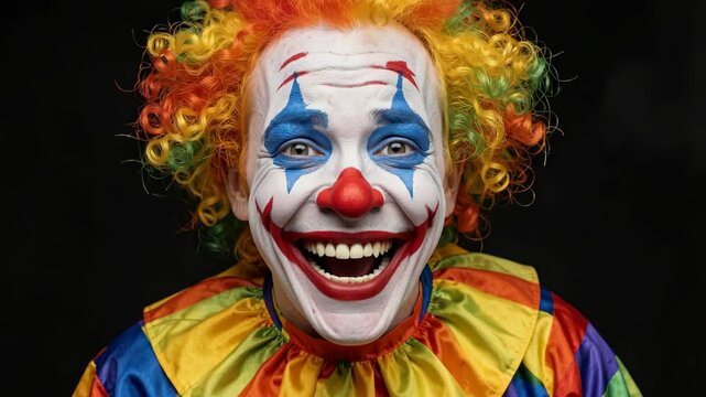 Colorful clown smiling with painted face and nose, ready for performance.