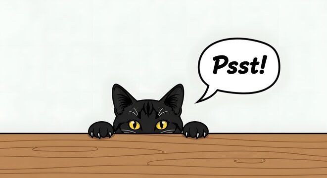 Curious Black Cat Peeking Over Wooden Surface with Psst Speech Bubble.