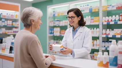 Obraz premium Pharmacist assisting senior customer in pharmacy