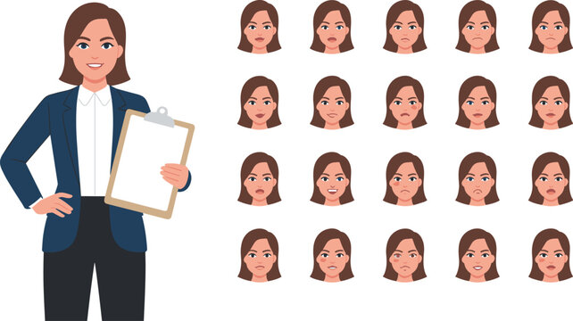 Professional Businesswoman Character with Clipboard and Multiple Facial Expressions in Cartoon Style Illustration