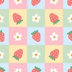 Naklejka premium Gingham seamless pattern with hand drawn strawberry and flowers. Cute summer spring pastel tartan background. Vector illustration for textile, baby clothes, tablecloths, napkins, packaging.