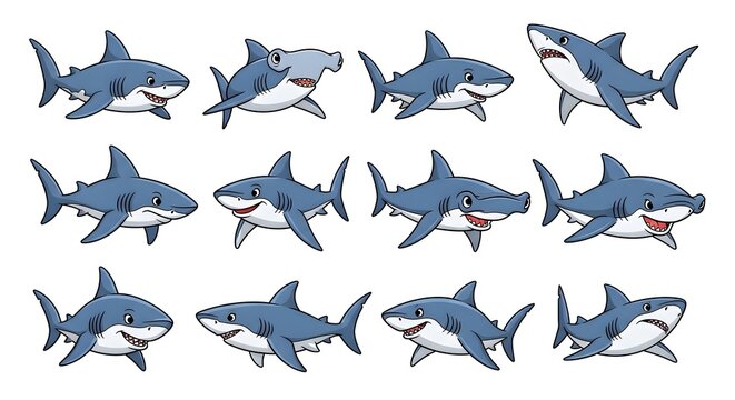 Collection of Cartoon Sharks in Various Poses and Expressions.