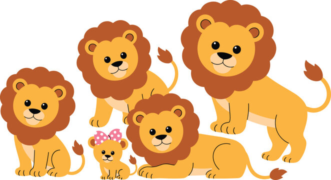 Lion Family Illustration Set with Adult Lions and Baby Lion Character in Cartoon Style