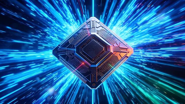 Diamond-shaped tech device with colorful laser beams in deep space