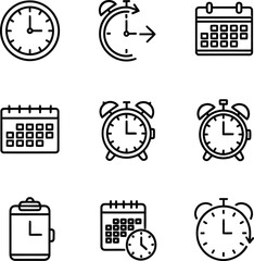 Fototapeta premium Time management icon set clocks calendars and alarms in linear style for business and productivity