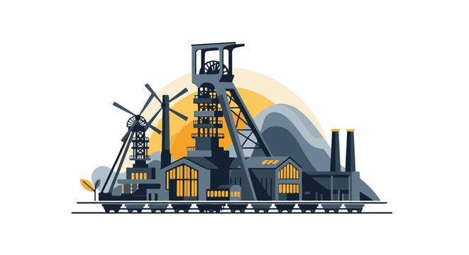 Industrial landscape with mining structures and a train
