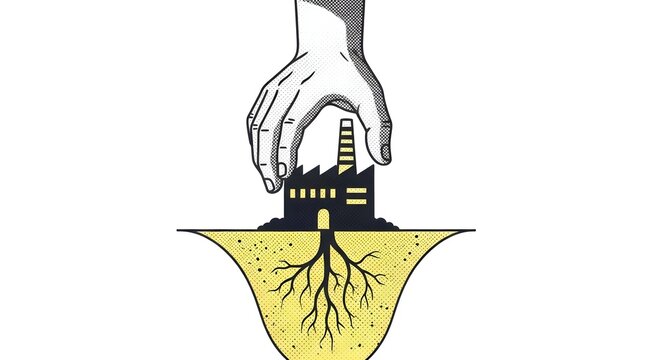 Giant Hand Reaching for Industrial Factory with Deep Roots, Conceptual Illustration of Corporate Growth, Industrialization, and Environmental Impact