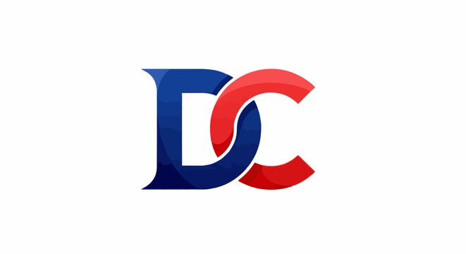 Intertwined blue and red letters DC form a stylized logo on white