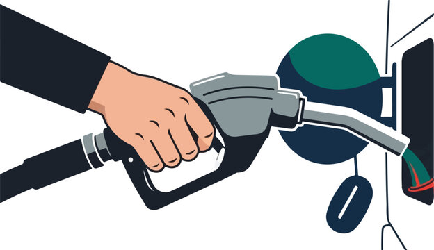 Hand holds fuel nozzle to fill vehicle
