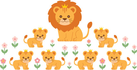 Obraz premium Cute Lion Family Illustration Set with Royal Crown on King Lion and Adorable Baby Lions Surrounded by Flowers