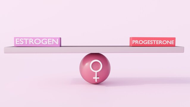 A 3D rendering of hormonal equilibrium by showing "ESTROGEN" and "PROGESTERONE" blocks balanced on a seesaw resting atop a sphere marked with the female symbol.