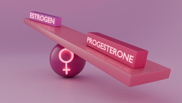 A 3D rendering of hormonal equilibrium by showing "ESTROGEN" and "PROGESTERONE" blocks balanced on a seesaw resting atop a sphere marked with the female symbol.