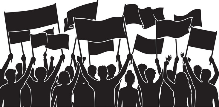 Crowd of people holding black protest flags rallying together isolated on transparent background, Vector