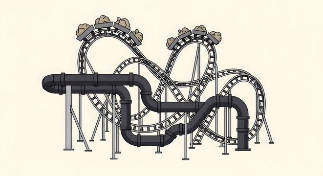 Industrial Mine Cart Roller Coaster and Pipeline Illustration for Logistic and Mining Concepts