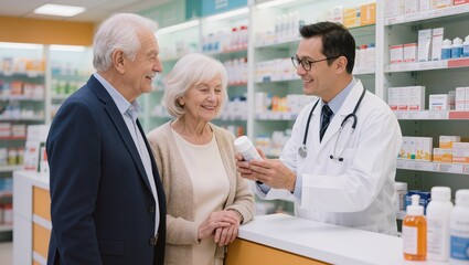 Fototapeta premium Pharmacist assisting senior customer in pharmacy