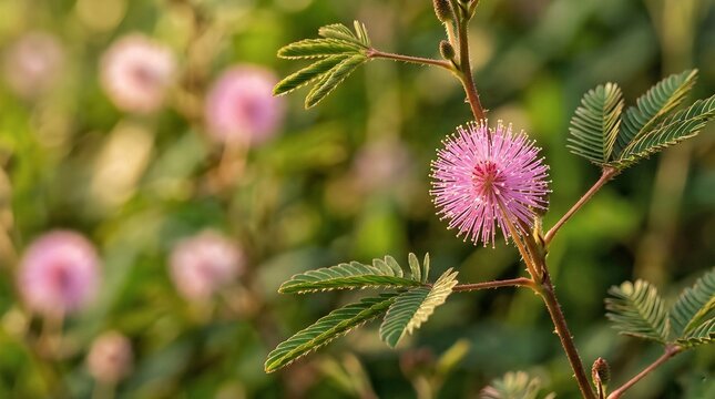 Sensitive plant (Mimosa pudica) pink flower blooming in natural garden