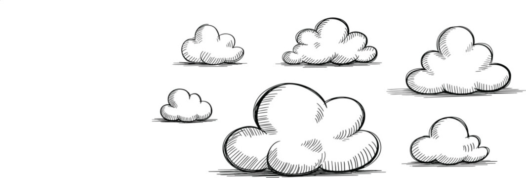 Hand drawn cloud sketch collection with vintage engraving style isolated weather illustration design elements