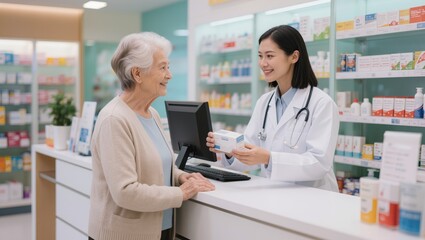 Fototapeta premium Pharmacist assisting senior customer in pharmacy