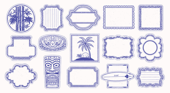 Vector hand drawn graphics, print design templates, summer and vacation theme, tropical illustrations, frames and borders in simple trendy naive cut out style with mosaic holiday floral illustrations