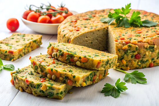Handvo savory lentil cake slices, realistic Indian snack photo, white background