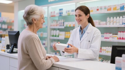 Fototapeta premium Pharmacist assisting senior customer in pharmacy