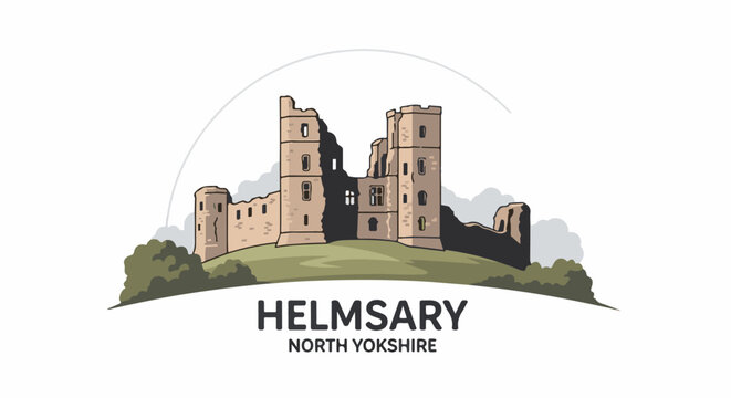 Illustration of a historic castle ruin on a grassy hill under a grey arc