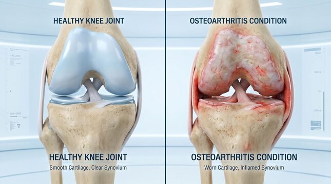 Side-by-side medical illustration comparing a normal healthy human knee joint with an osteoarthritic knee, highlighting severe cartilage degeneration, inflammation and joint damage