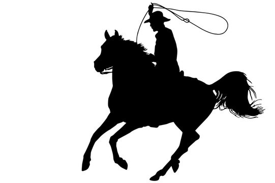 Silhouette eines galoppierenden, Lasso schwingenden Cowboys, schwarze Vektorgrafik auf weissem Hintergrund.
