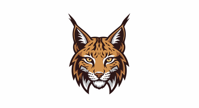 Fierce bobcat head with yellow eyes and pointed ears on white