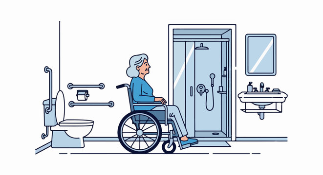 Elderly woman in wheelchair beside accessible bathroom with shower, sink, and toilet